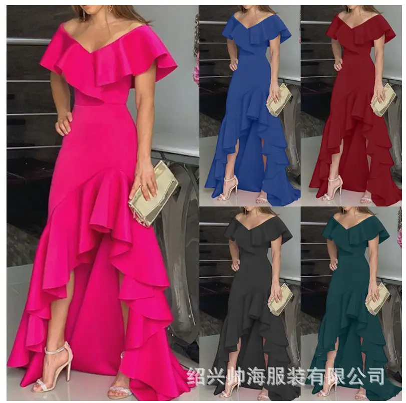 Blue Ruffled Long Dress Set Mid Waist Elegant Commuter - Image 6