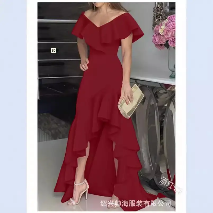 Blue Ruffled Long Dress Set Mid Waist Elegant Commuter - Image 7