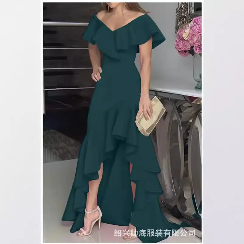Blue Ruffled Long Dress Set Mid Waist Elegant Commuter - Image 8