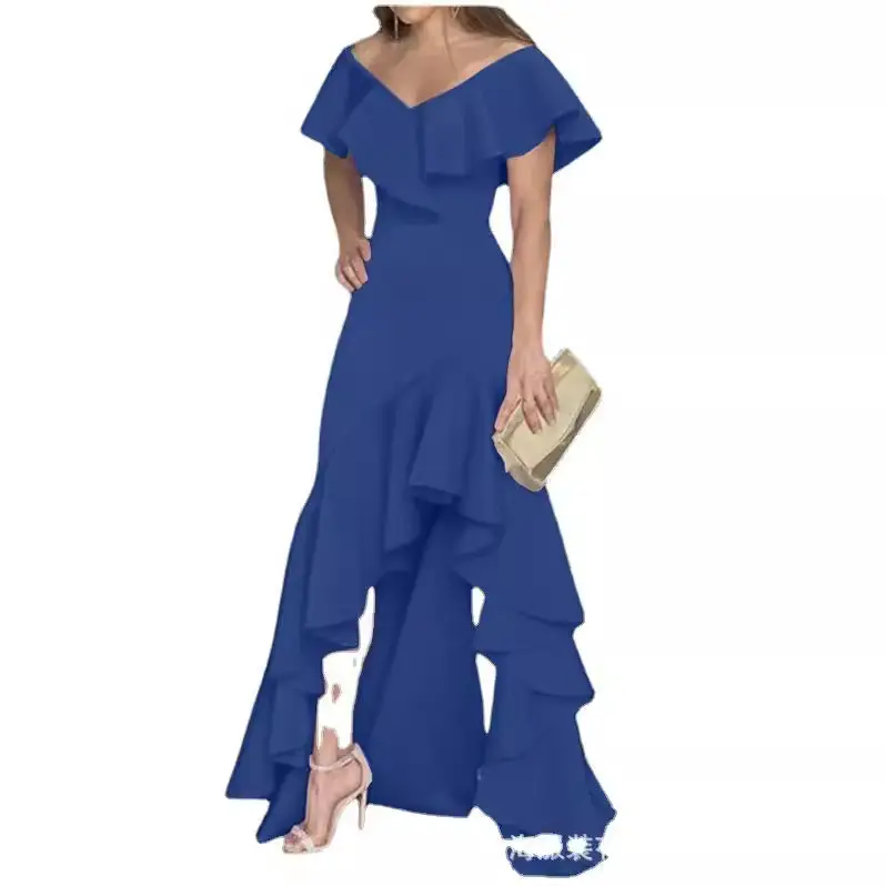 Blue Ruffled Long Dress Set Mid Waist Elegant Commuter - Image 9