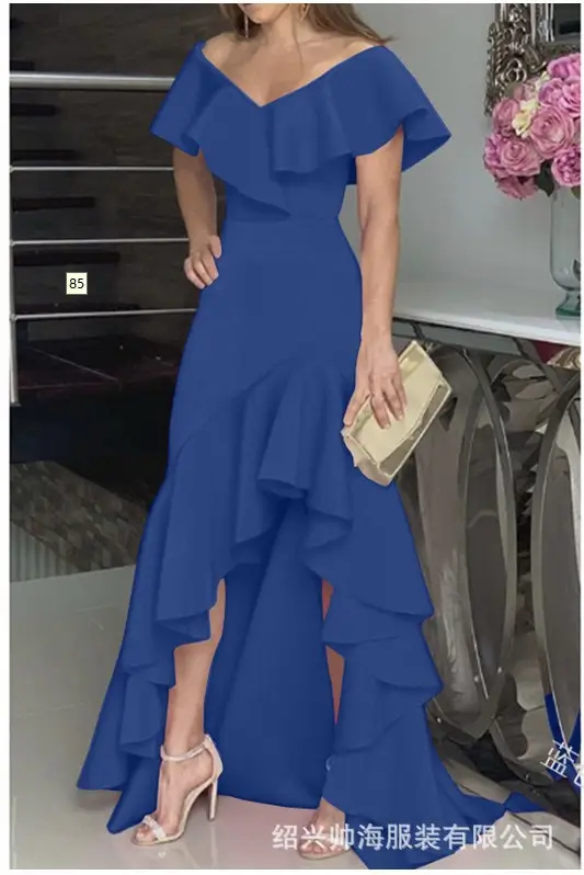 Blue Ruffled Long Dress Set Mid Waist Elegant Commuter - Image 4