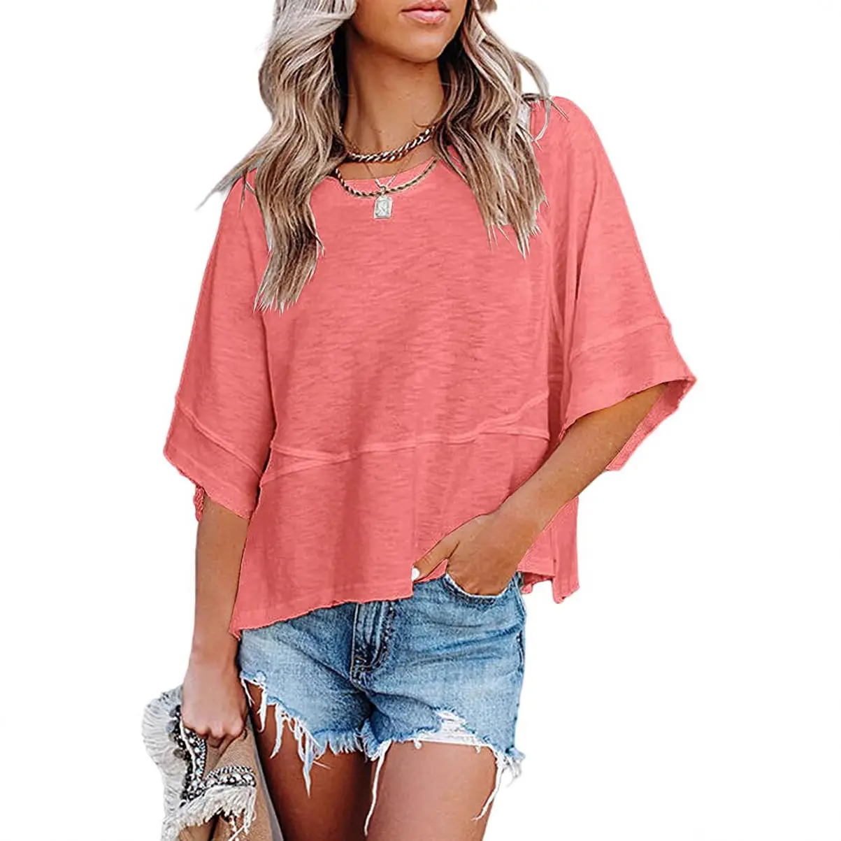 2025 Summer T-Shirt Pink Five Bell Sleeve Loose Top - Image 7