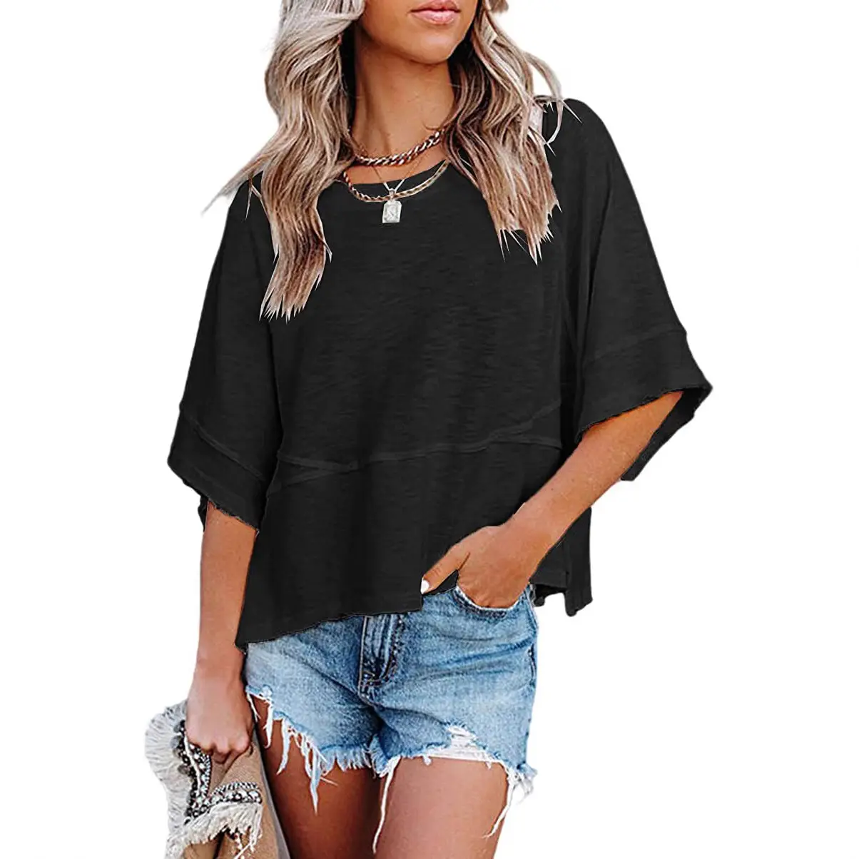 2025 Summer T-Shirt Pink Five Bell Sleeve Loose Top - Image 8