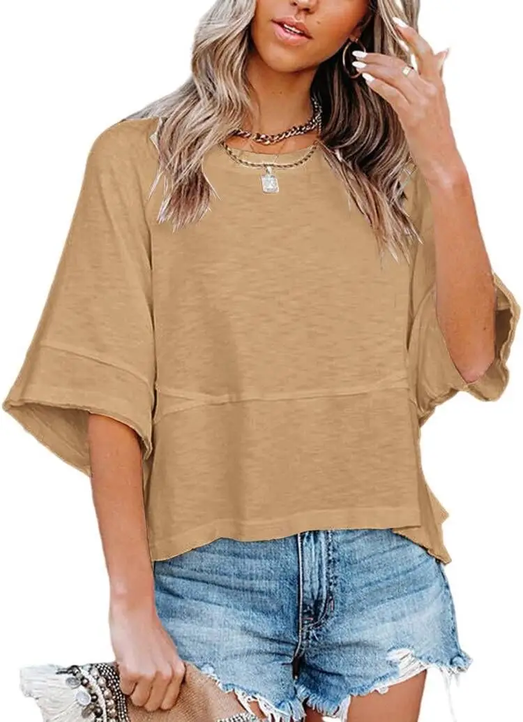 2025 Summer T-Shirt Pink Five Bell Sleeve Loose Top - Image 2