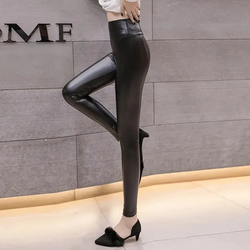 2022 Black Matte Leather Tight Leggings Women High Waist - Image 2