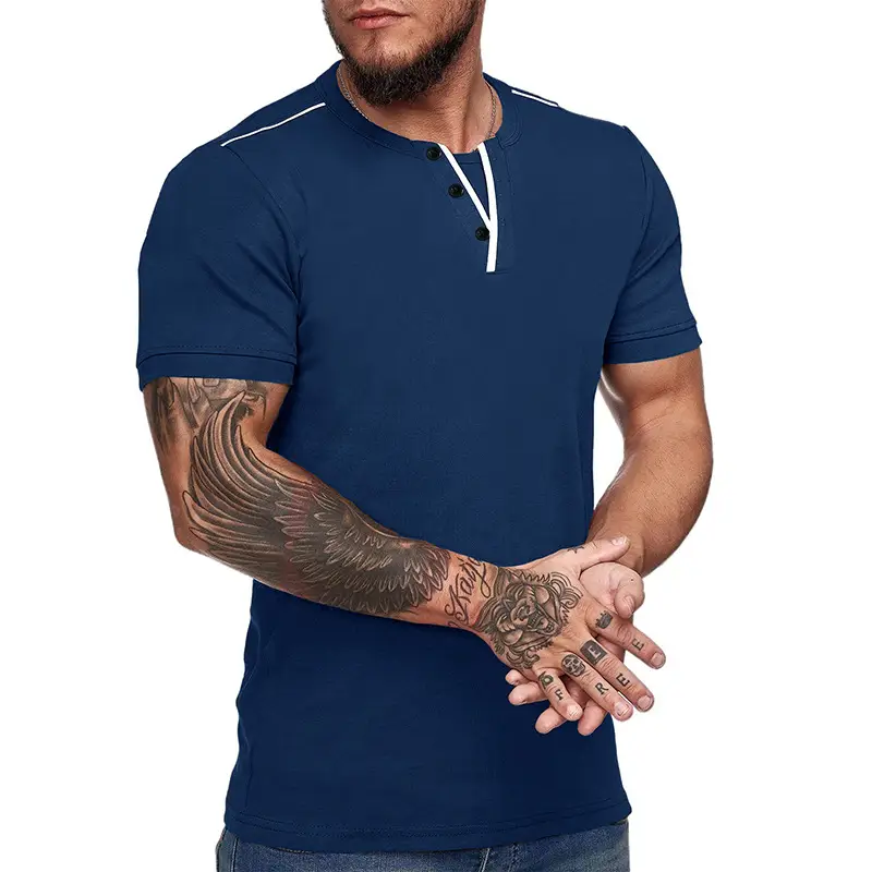 Men's Blue Cotton T-Shirt Casual Loose Short Sleeve
