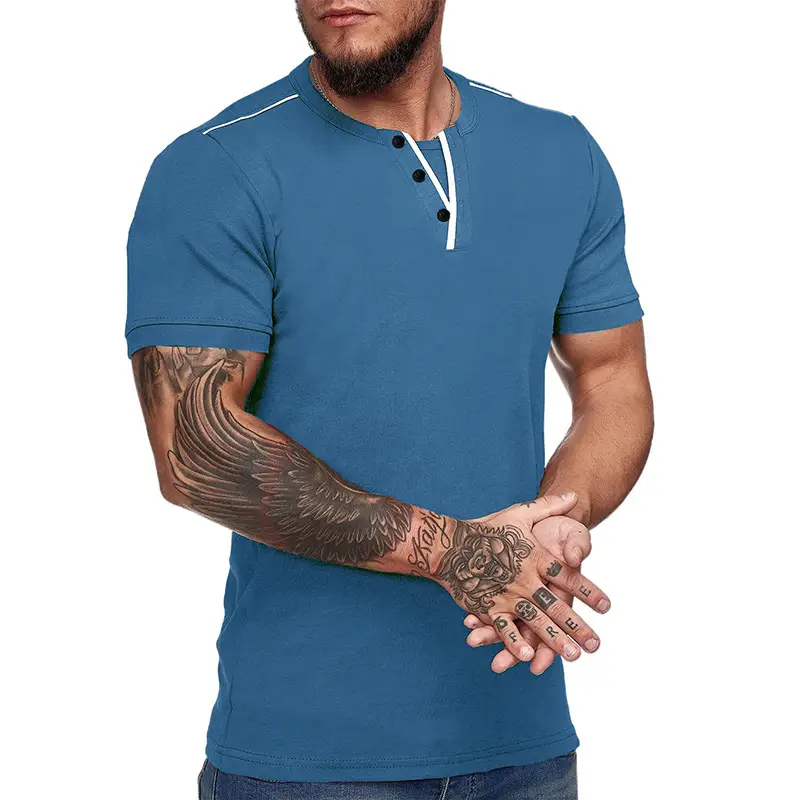 Men's Blue Cotton T-Shirt Casual Loose Short Sleeve