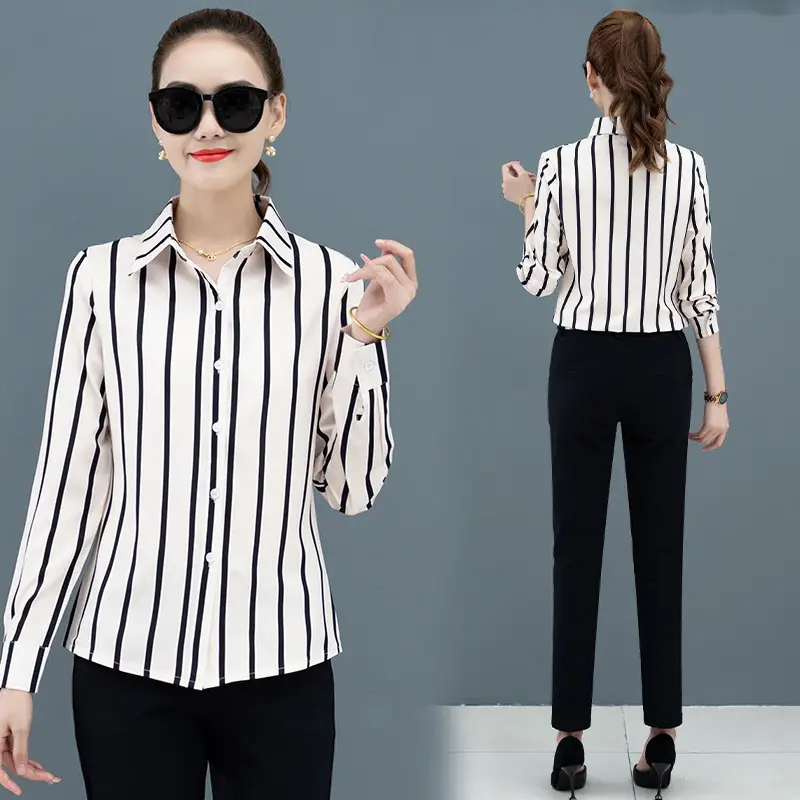 Women Long Sleeve Striped Shirt Business Western Spring New - Image 3