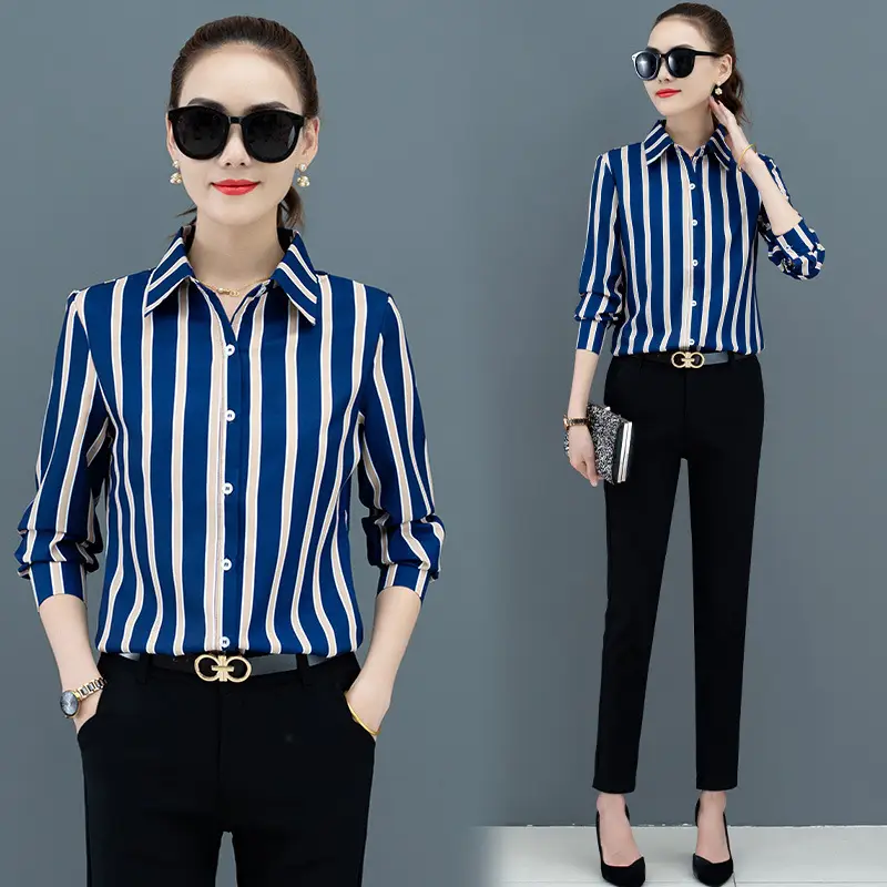 Women Long Sleeve Striped Shirt Business Western Spring New - Image 10