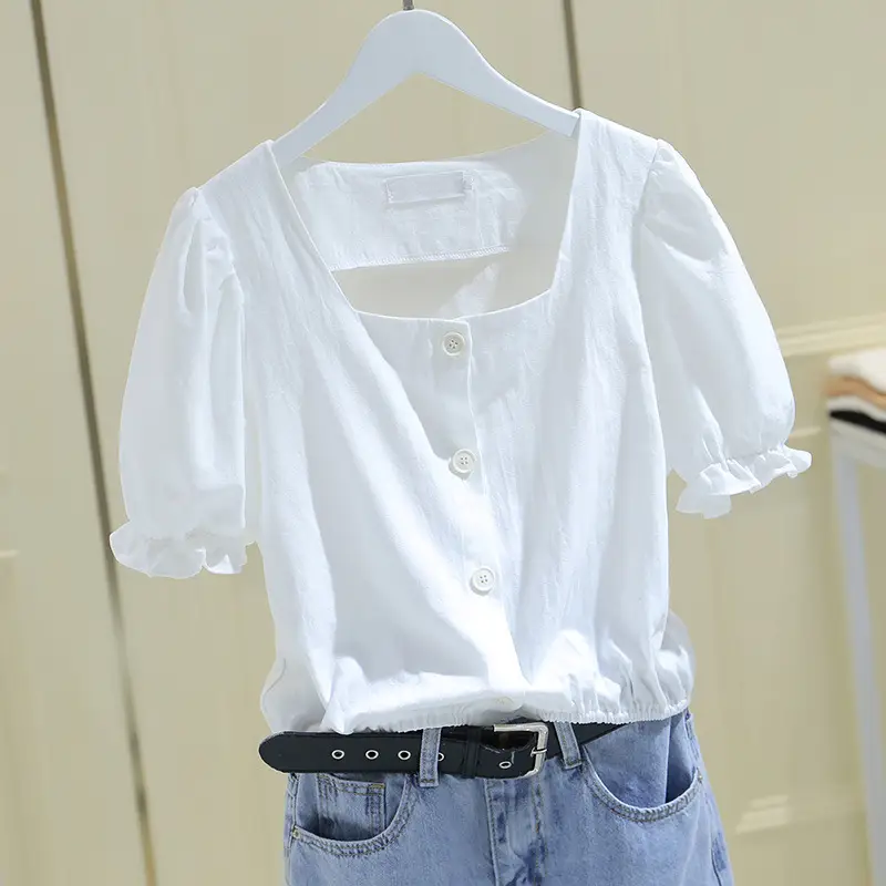 Women Puff Sleeve Square Neck T-Shirt Summer New French Style - Image 7