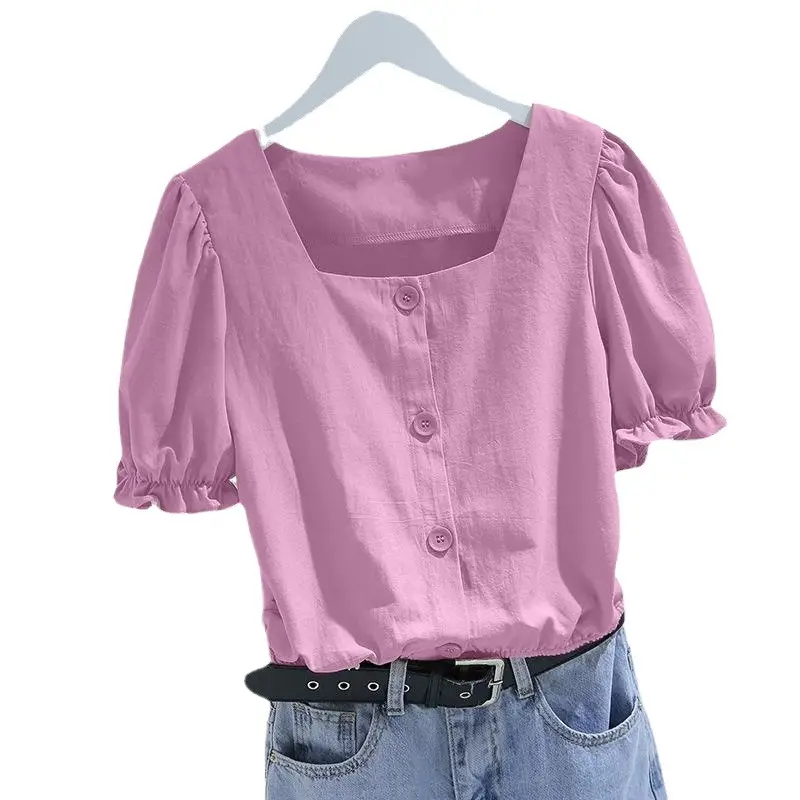 Women Puff Sleeve Square Neck T-Shirt Summer New French Style - Image 10