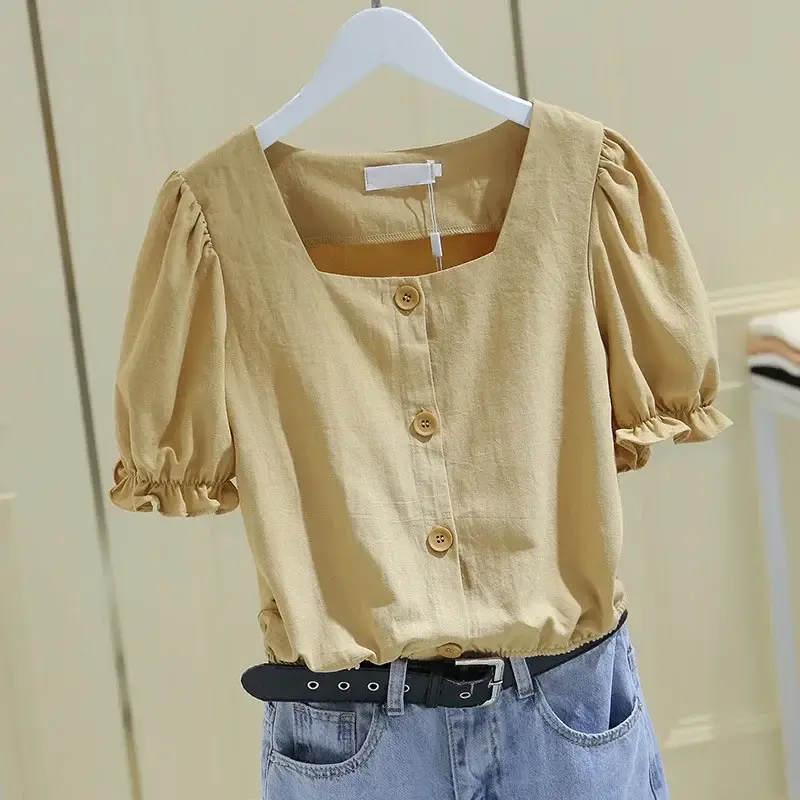 Women Puff Sleeve Square Neck T-Shirt Summer New French Style - Image 5