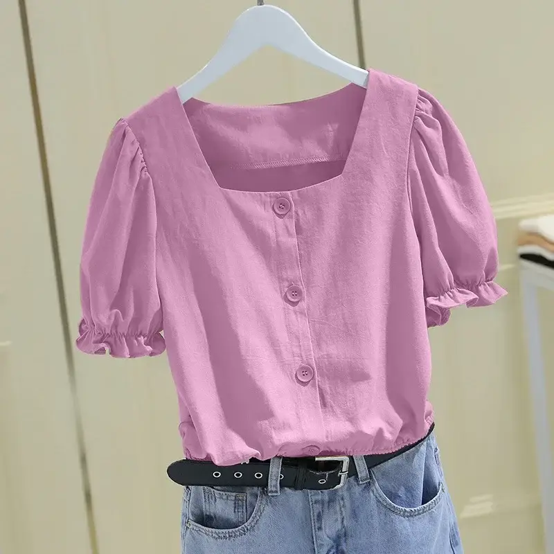 Women Puff Sleeve Square Neck T-Shirt Summer New French Style - Image 2