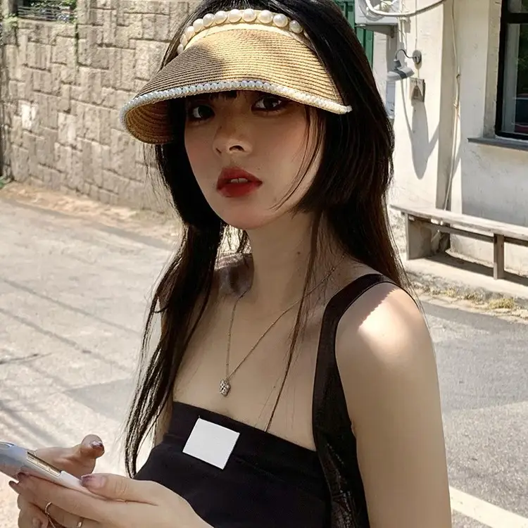 Black Pearl Beaded Straw Hat with Headband & Hairpin - Image 5