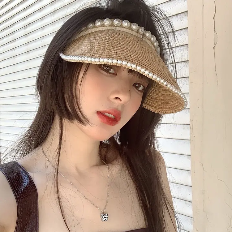 Black Pearl Beaded Straw Hat with Headband & Hairpin - Image 6