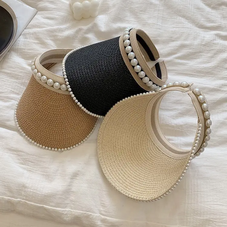 Black Pearl Beaded Straw Hat with Headband & Hairpin - Image 7