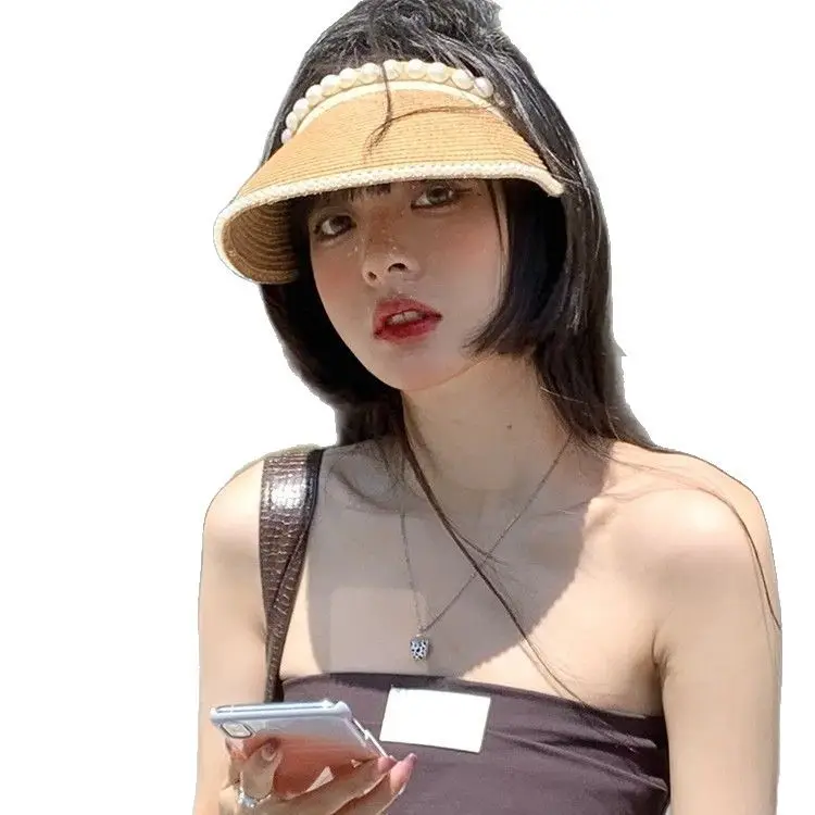 Black Pearl Beaded Straw Hat with Headband & Hairpin - Image 8