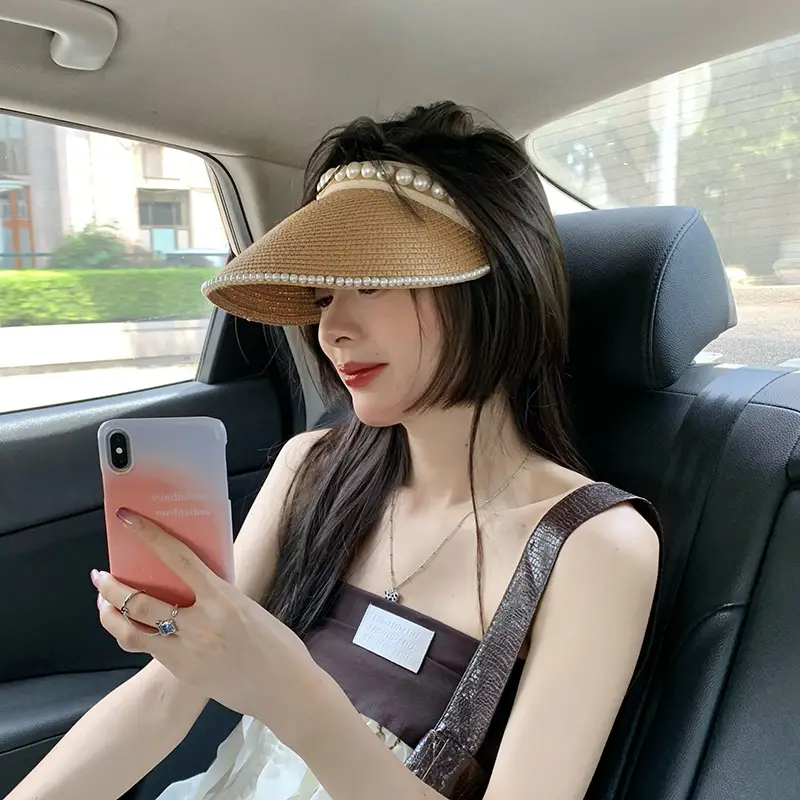 Black Pearl Beaded Straw Hat with Headband & Hairpin - Image 2