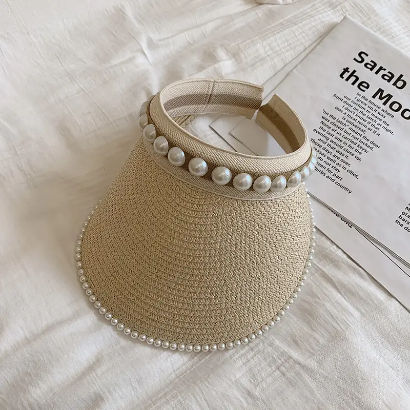Black Pearl Beaded Straw Hat with Headband & Hairpin - Image 3