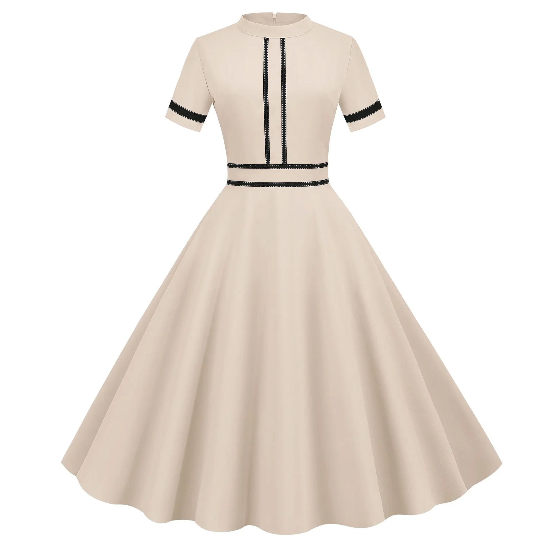 Retro Short Sleeve Party Dress Cream Black Embroidered