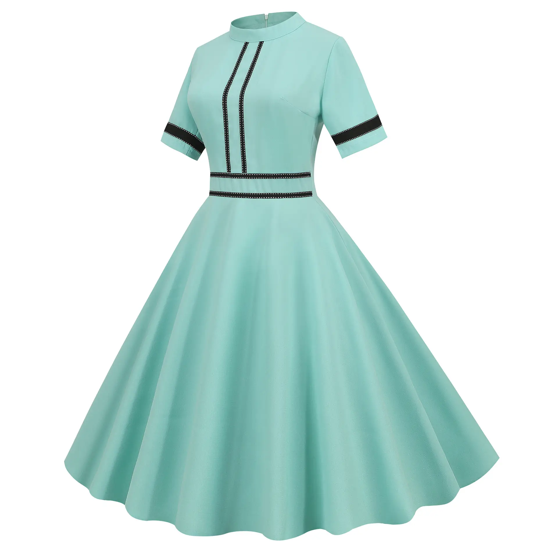 Retro Short Sleeve Party Dress Cream Black Embroidered — feature 21