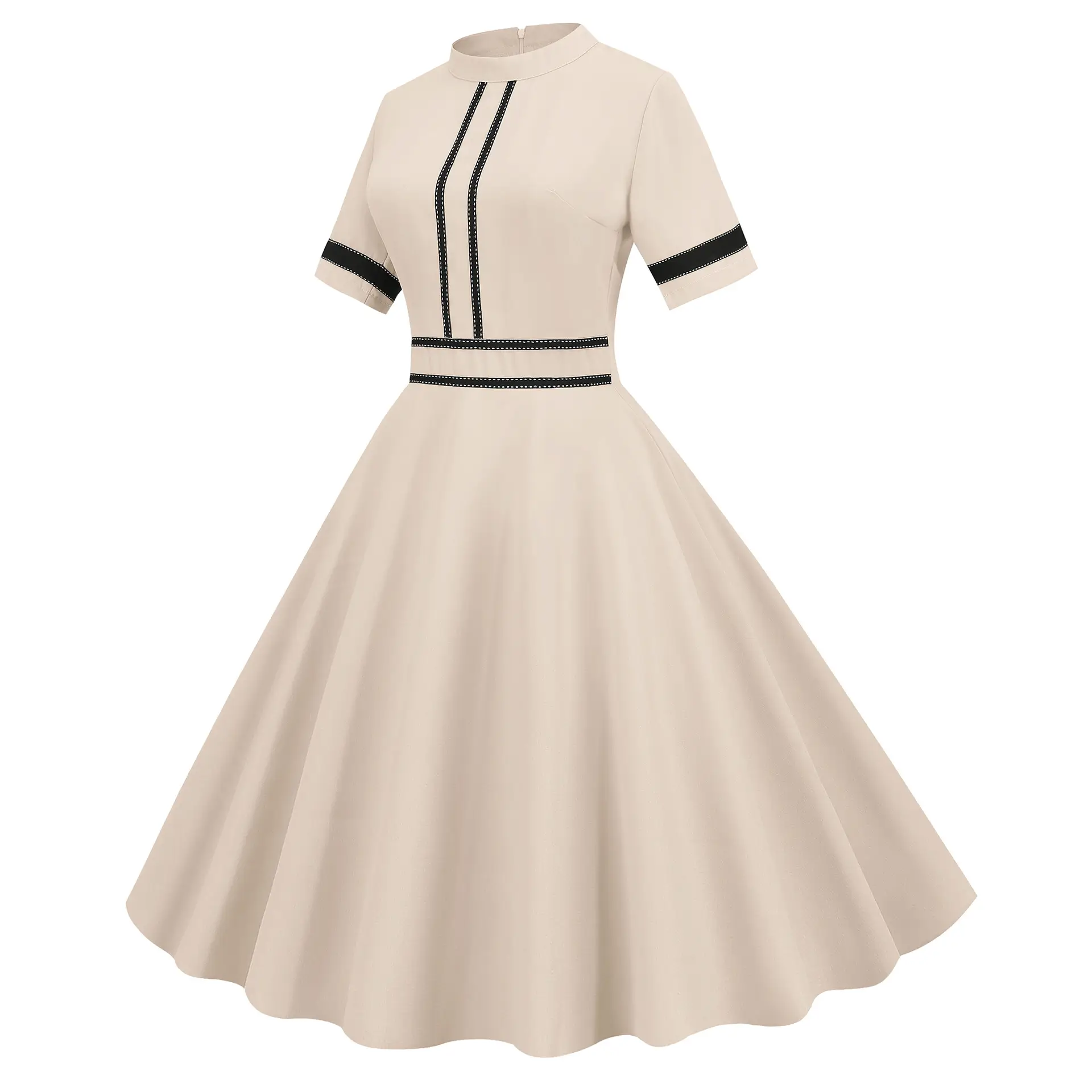 Retro Short Sleeve Party Dress Cream Black Embroidered — feature 3