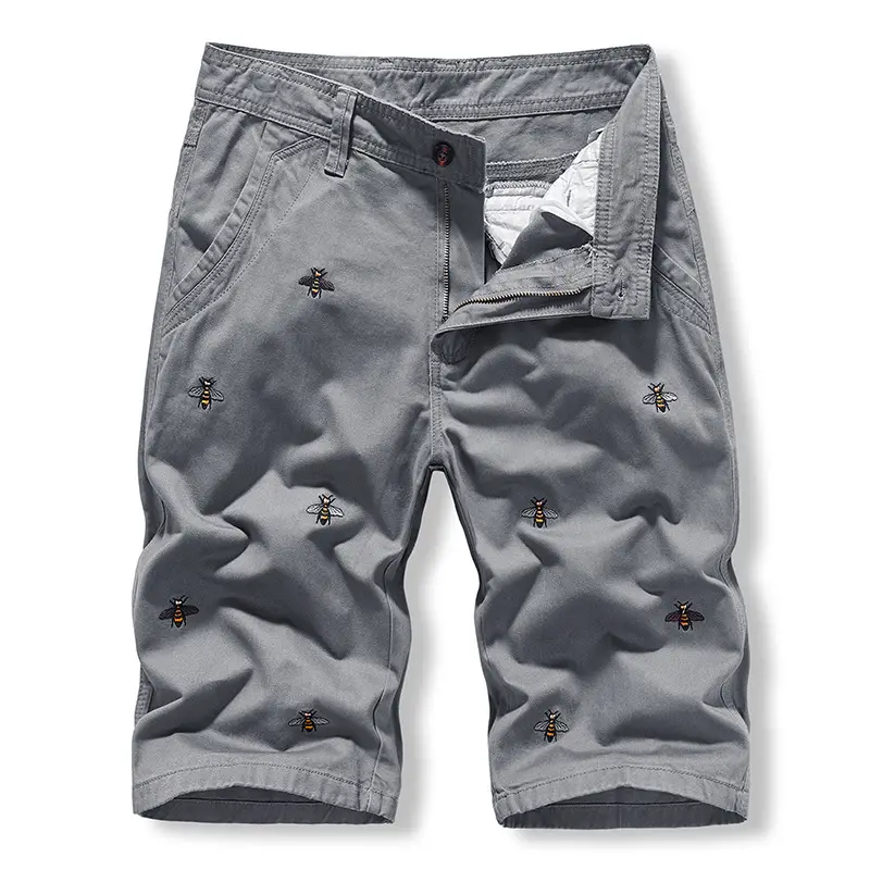 Men Grey Embroidered Cotton Shorts Small