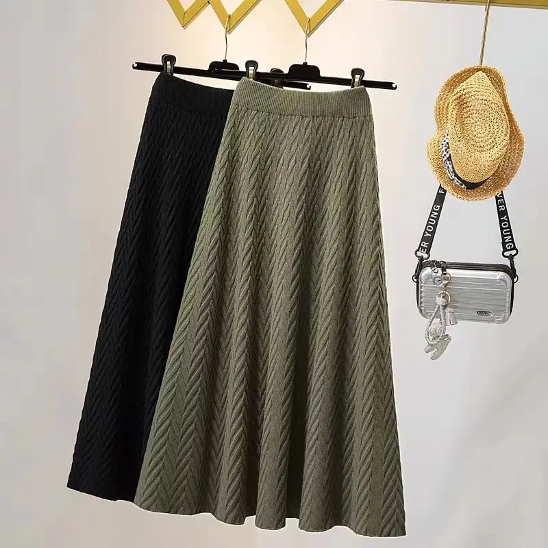 2022 Knitted Pleated Skirt Women's Black A-Line High Waist - Image 5