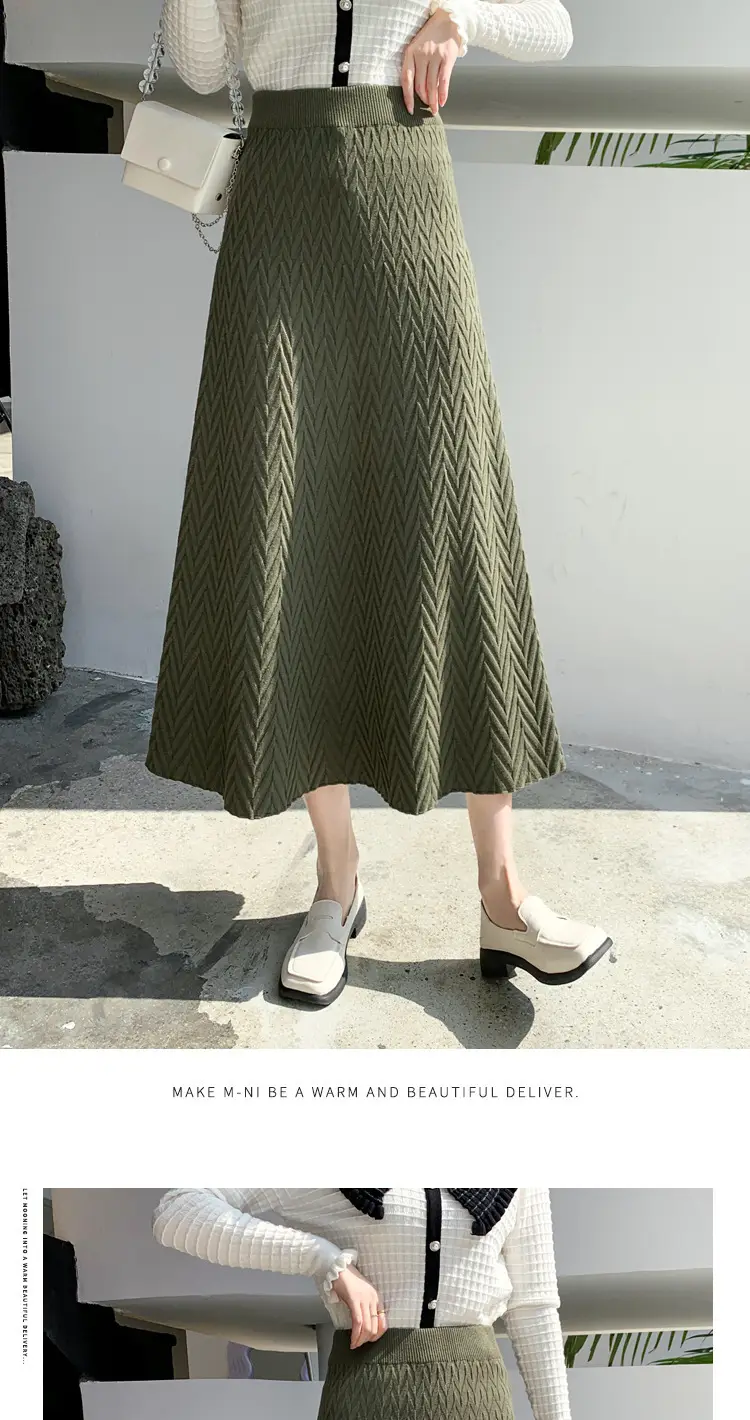 2022 Knitted Pleated Skirt Women's Black A-Line High Waist — feature 2