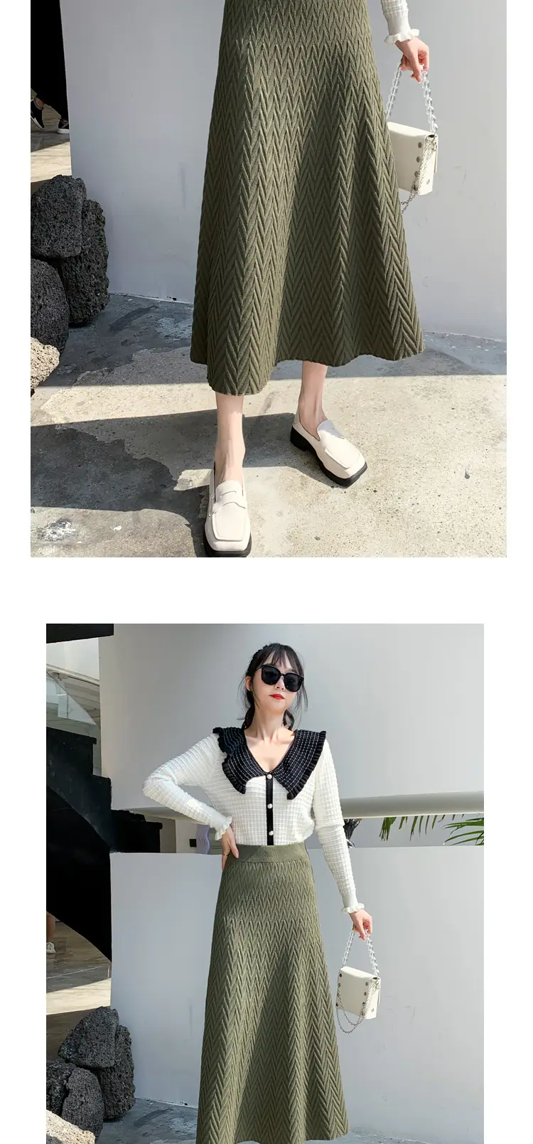 2022 Knitted Pleated Skirt Women's Black A-Line High Waist — feature 3