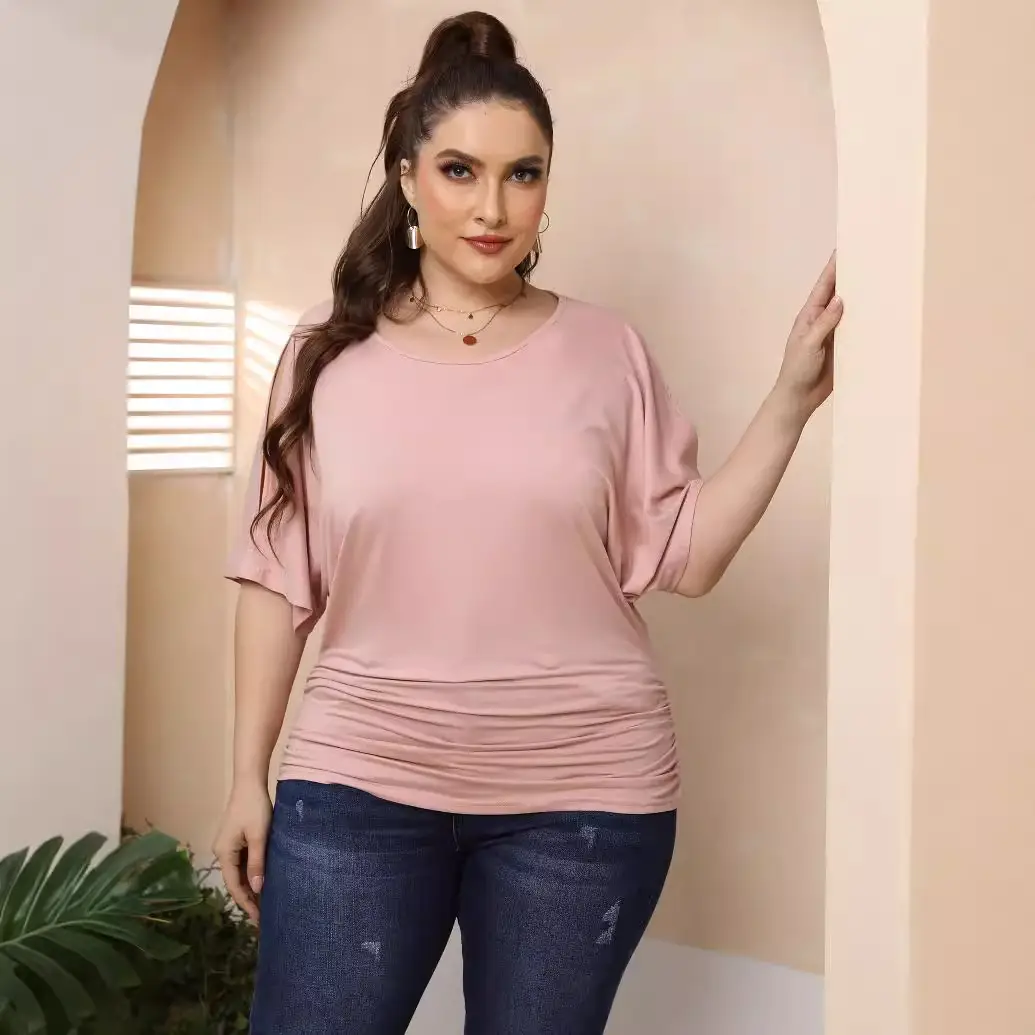 Plus Size Yellow Pleated T-Shirt with Off-Shoulder Sleeves - Image 7