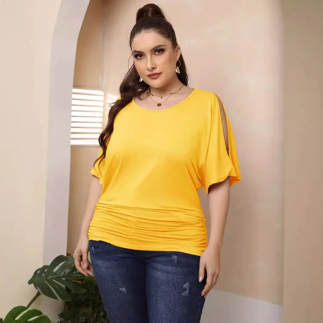 Plus Size Yellow Pleated T-Shirt with Off-Shoulder Sleeves - Image 8
