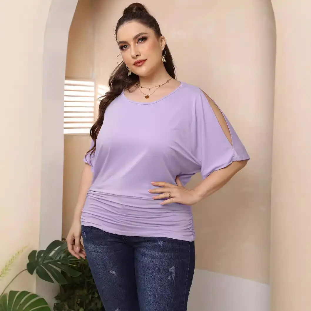 Plus Size Yellow Pleated T-Shirt with Off-Shoulder Sleeves - Image 9