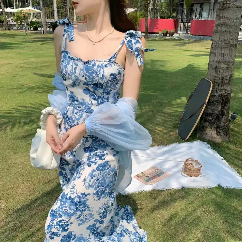 Blue Floral New French Hepburn Dress for Women Summer — feature 4