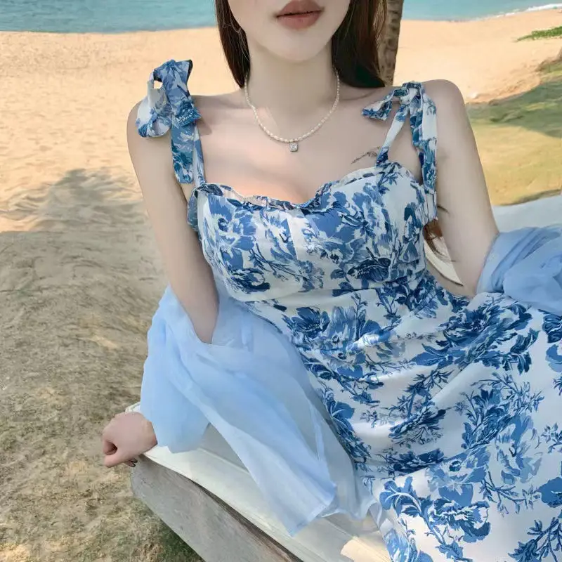 Blue Floral New French Hepburn Dress for Women Summer — feature 7
