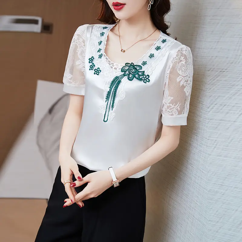 Women's White Satin Lace Short Sleeve Shirt 2025