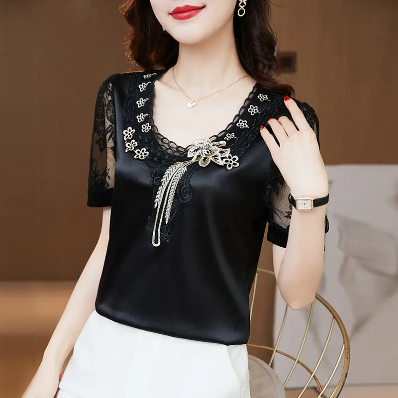 Women's White Satin Lace Short Sleeve Shirt 2025
