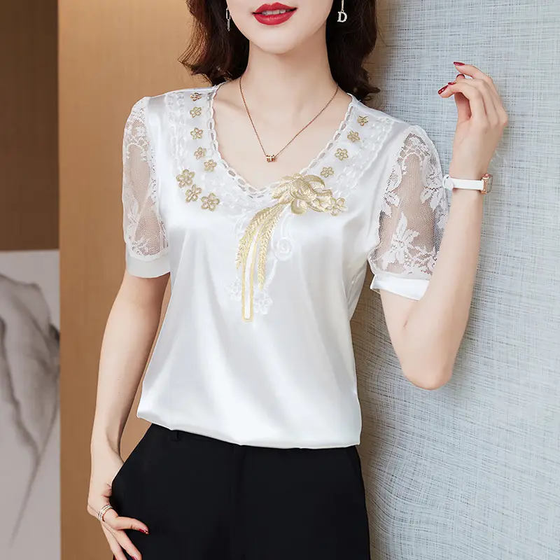 Women's White Satin Lace Short Sleeve Shirt 2025