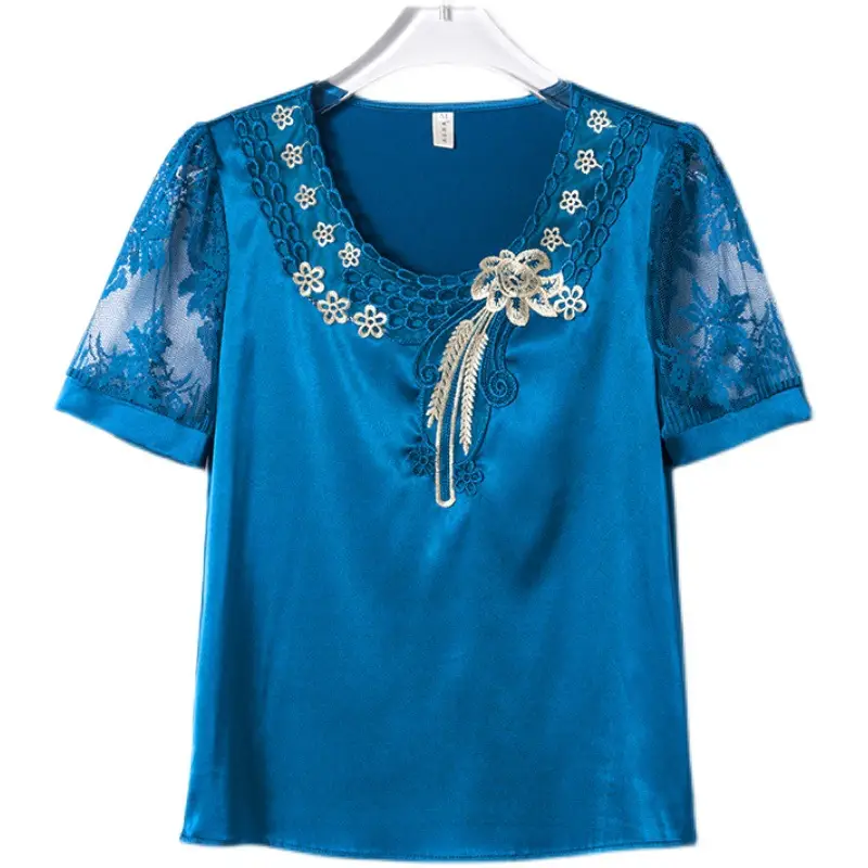Women's White Satin Lace Short Sleeve Shirt 2025