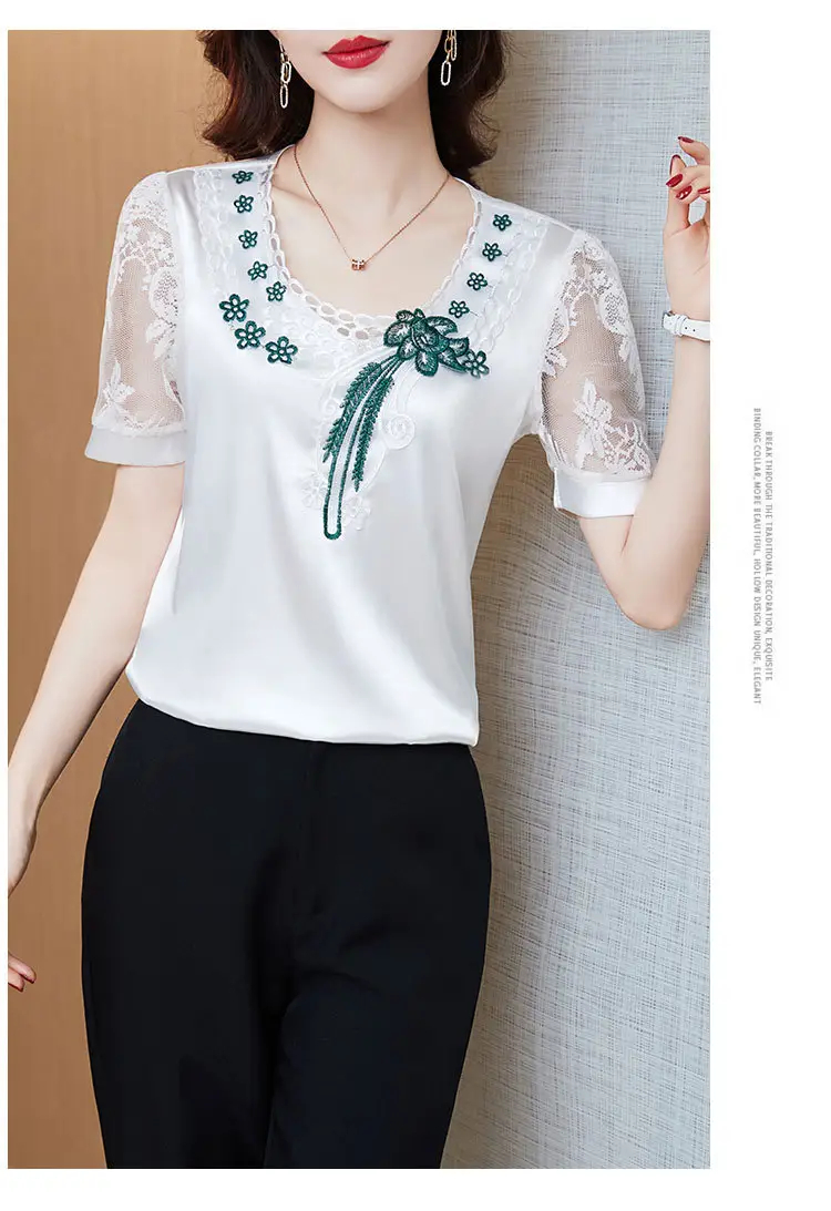 Women's White Satin Lace Short Sleeve Shirt 2025 — feature 10