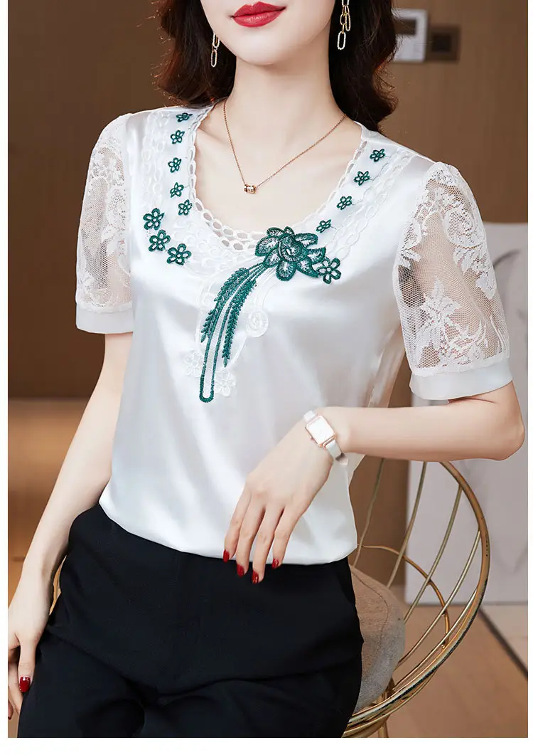 Women's White Satin Lace Short Sleeve Shirt 2025 — feature 11