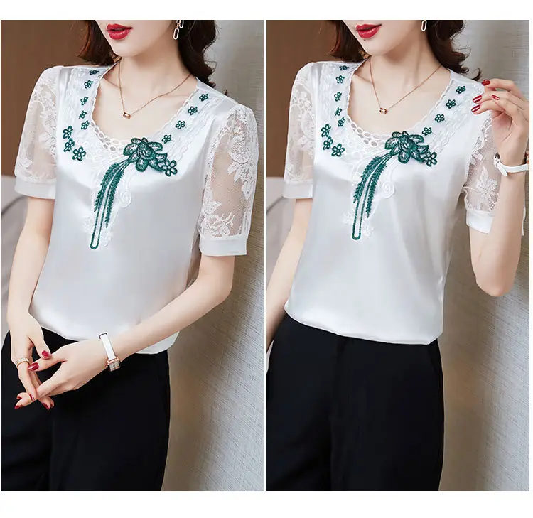 Women's White Satin Lace Short Sleeve Shirt 2025 — feature 12