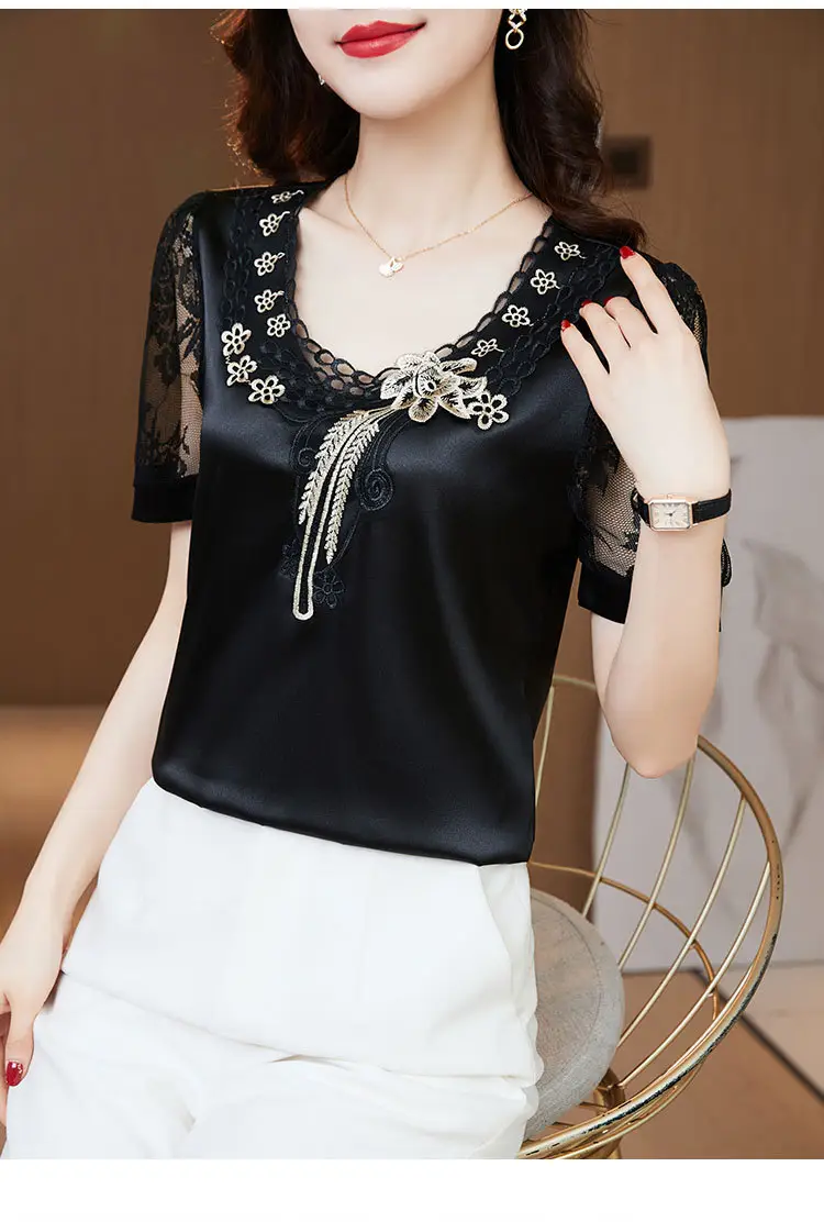 Women's White Satin Lace Short Sleeve Shirt 2025 — feature 13