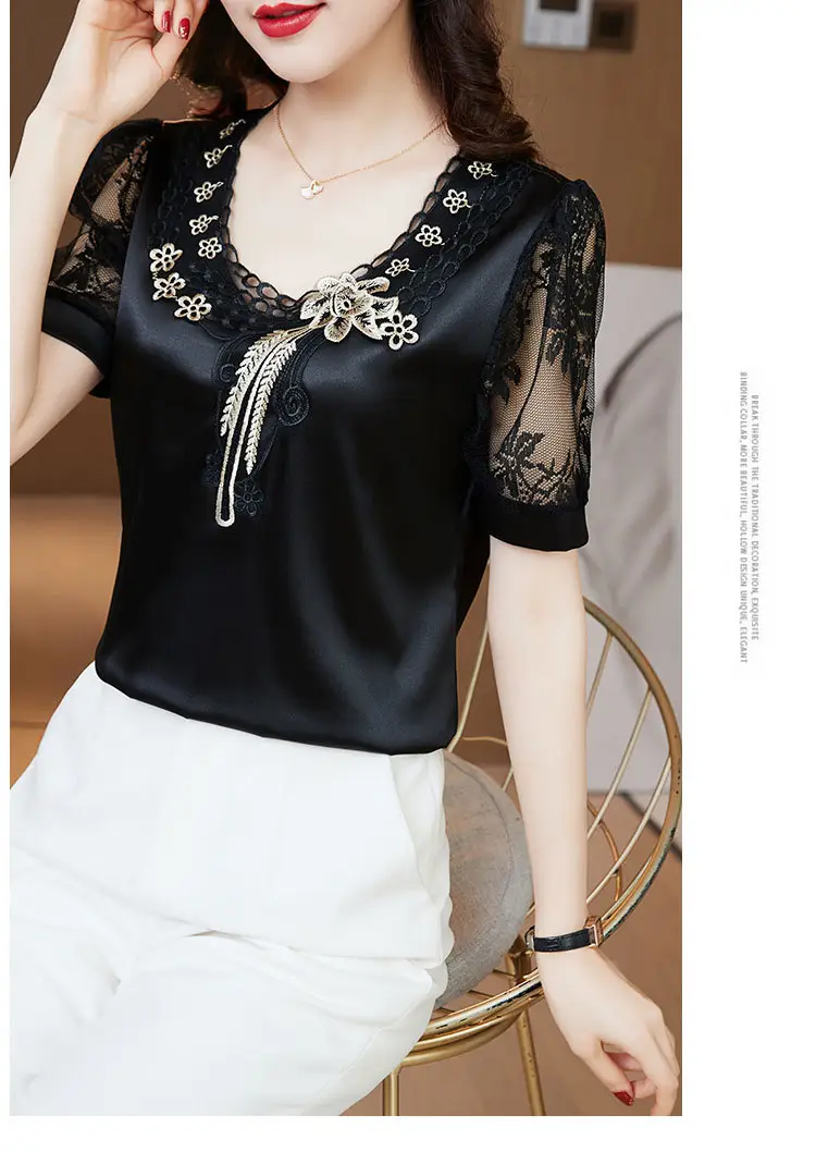 Women's White Satin Lace Short Sleeve Shirt 2025 — feature 14