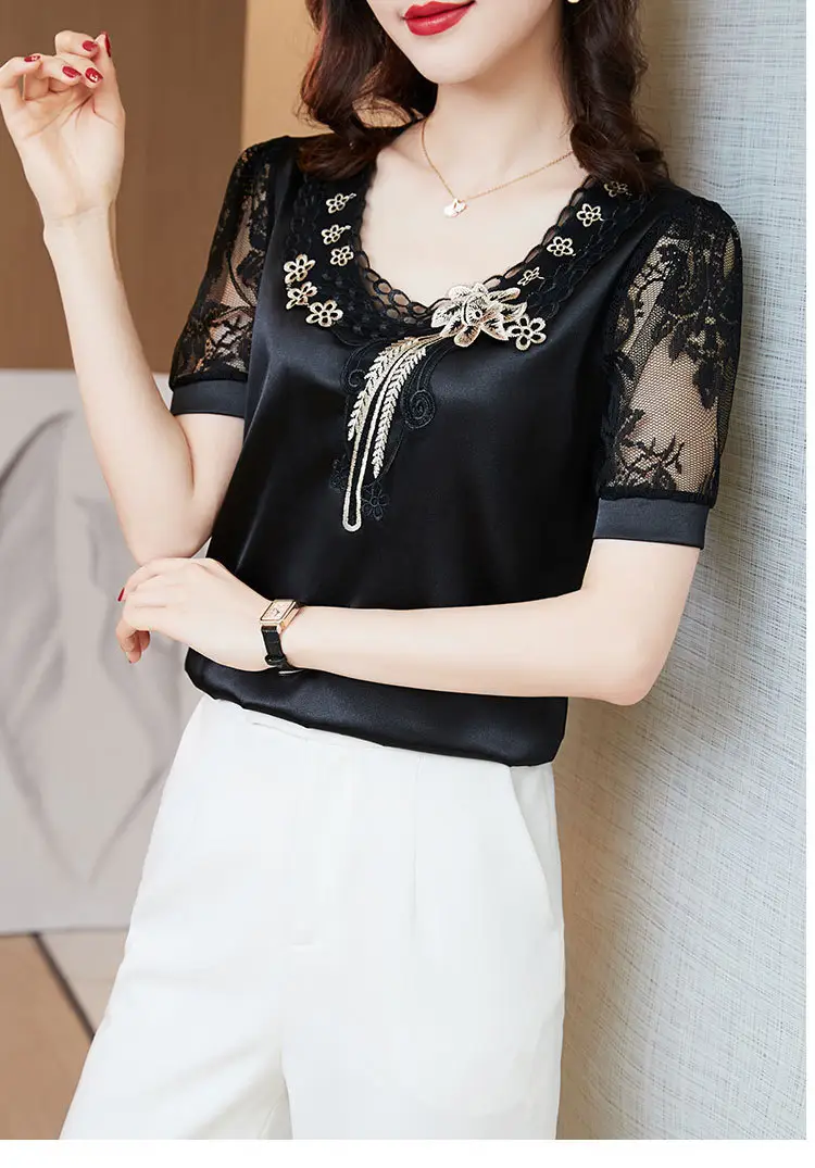 Women's White Satin Lace Short Sleeve Shirt 2025 — feature 15
