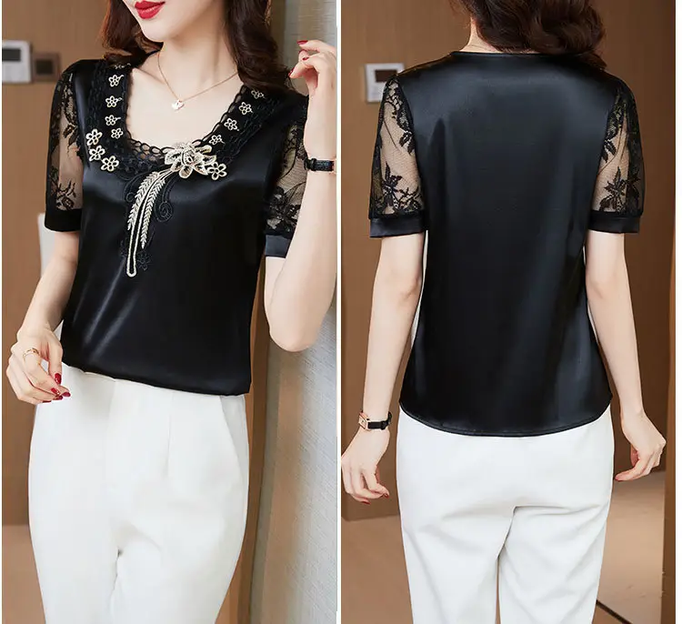Women's White Satin Lace Short Sleeve Shirt 2025 — feature 16