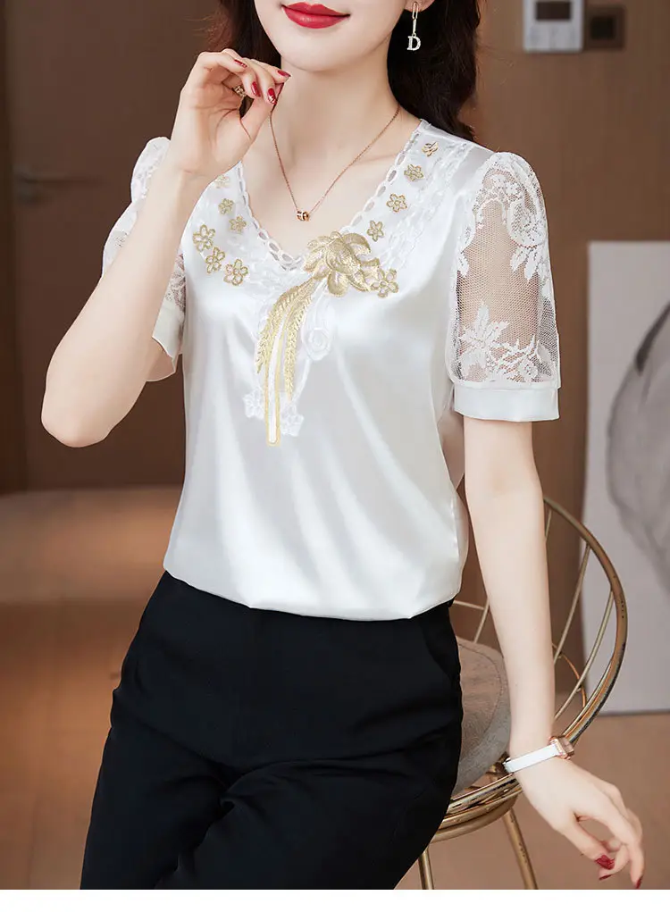 Women's White Satin Lace Short Sleeve Shirt 2025 — feature 17
