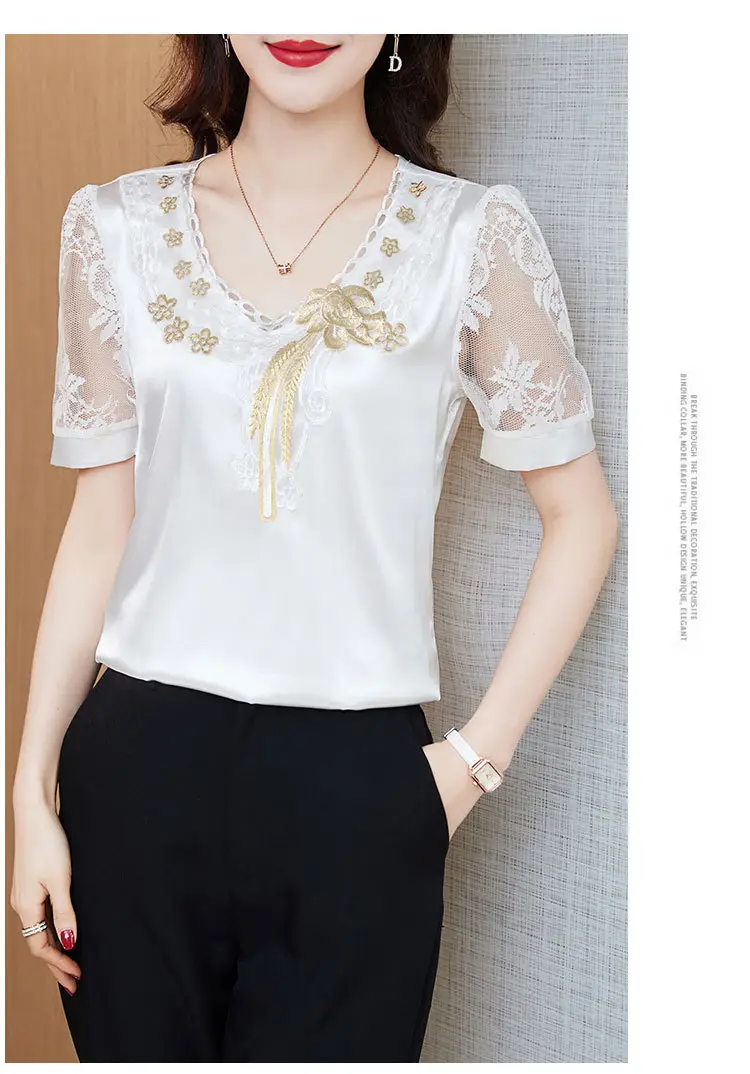 Women's White Satin Lace Short Sleeve Shirt 2025 — feature 18