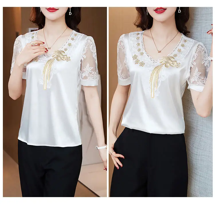 Women's White Satin Lace Short Sleeve Shirt 2025 — feature 19