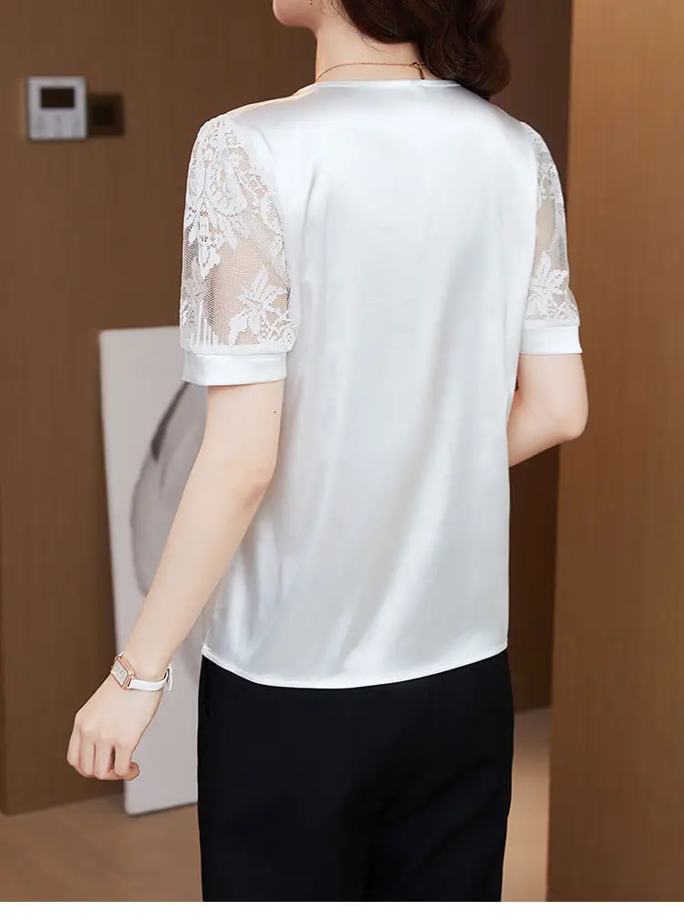Women's White Satin Lace Short Sleeve Shirt 2025 — feature 20